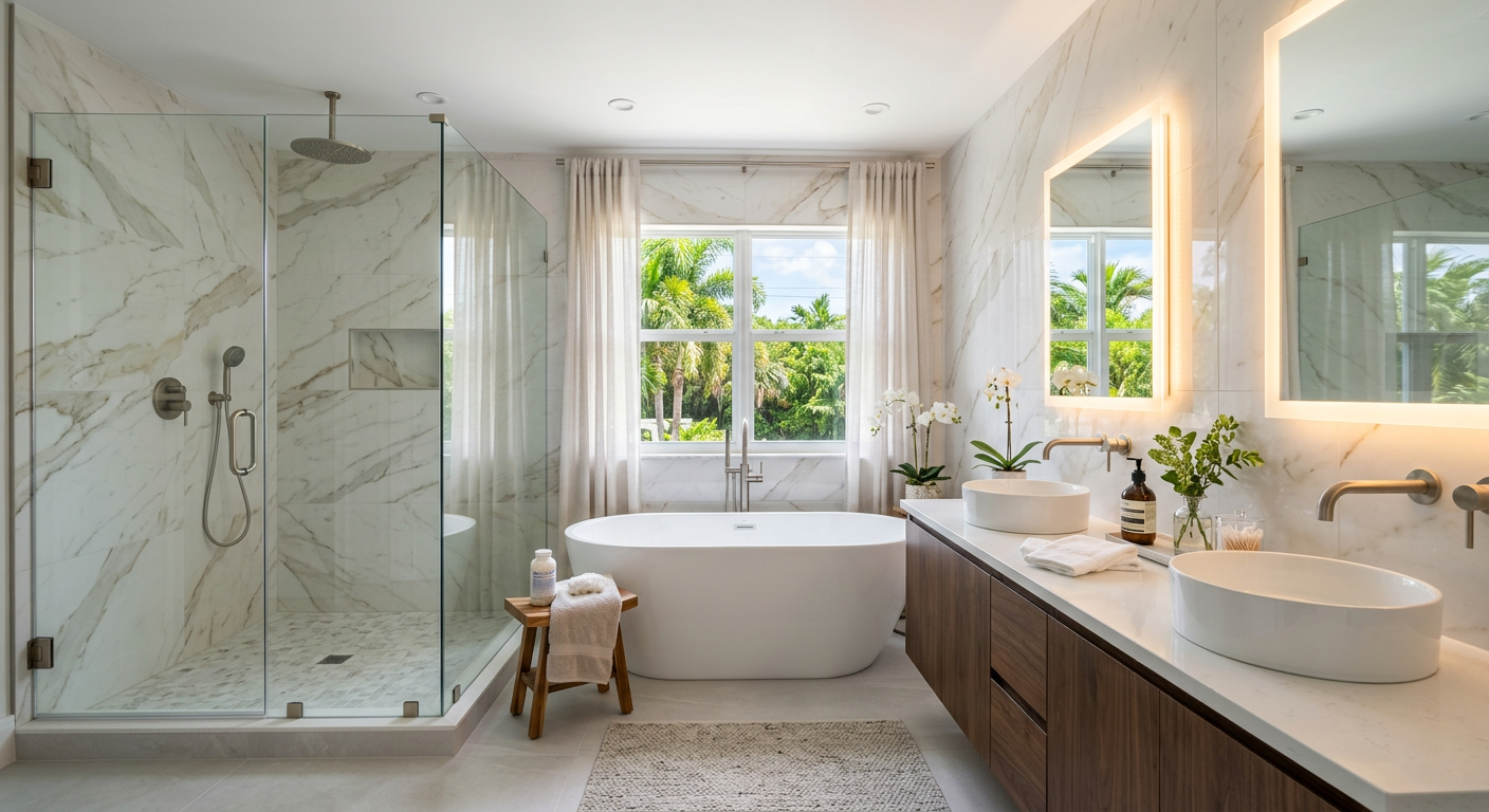 Master bath remodel — frameless glass shower, freestanding tub, double vanity