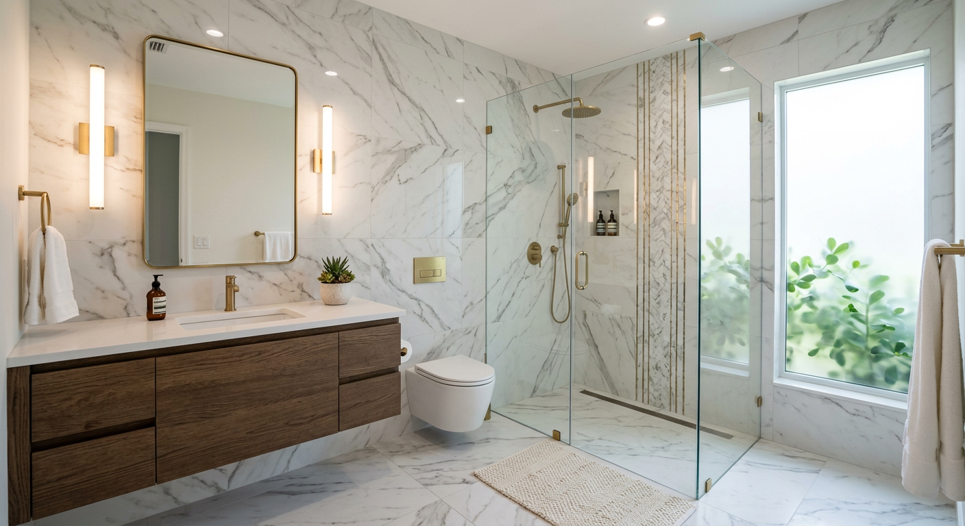 Elegant guest bathroom — floor-to-ceiling marble tile, floating vanity, rain showerhead