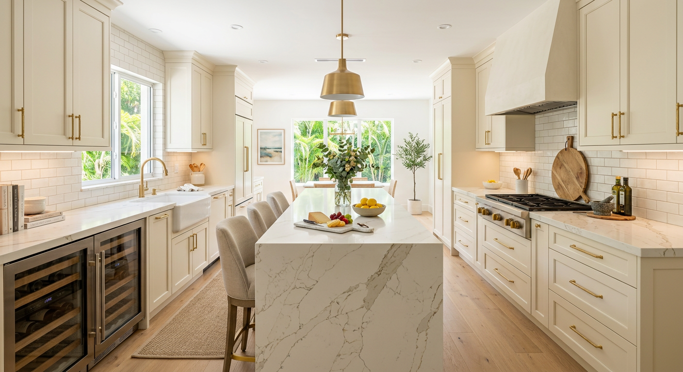 Kitchen remodel — custom cream cabinetry, calacatta quartz countertops, subway tile backsplash