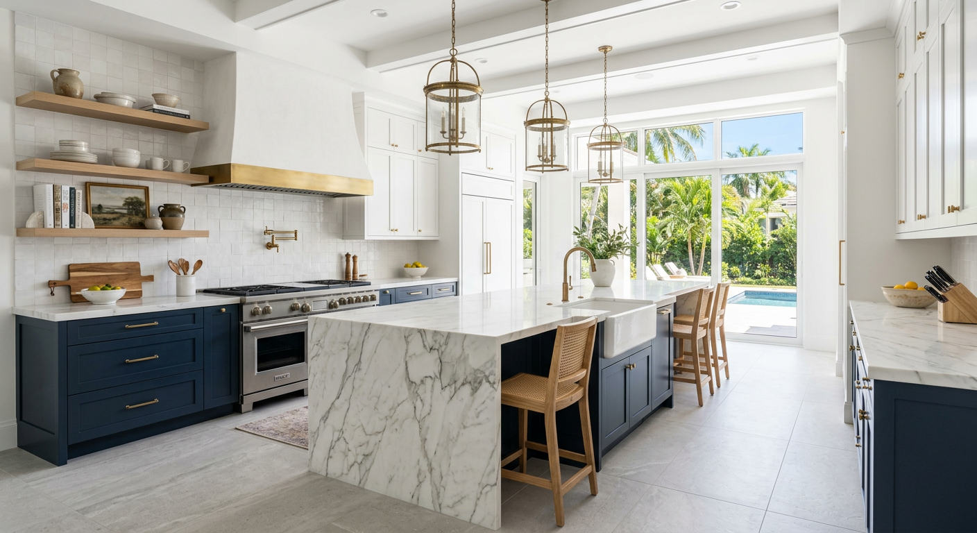 Modern kitchen — navy and white cabinets, marble waterfall island, brass pendants