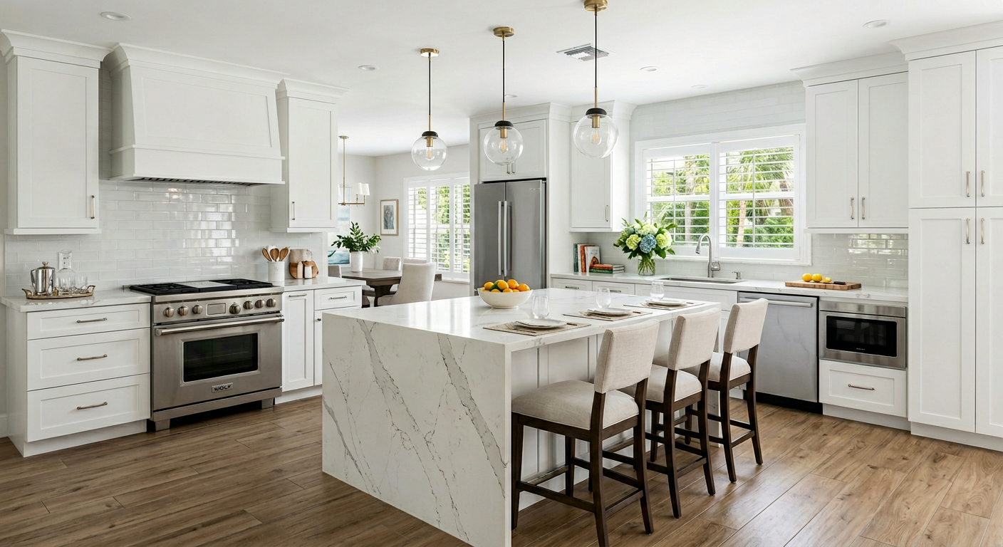 Bright transitional kitchen — white shaker cabinets, quartz countertops, large island