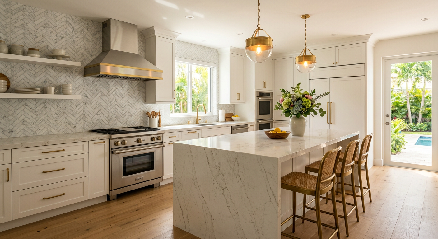 Modern transitional kitchen remodel in Miami — white shaker cabinets, waterfall quartz island, brass hardware